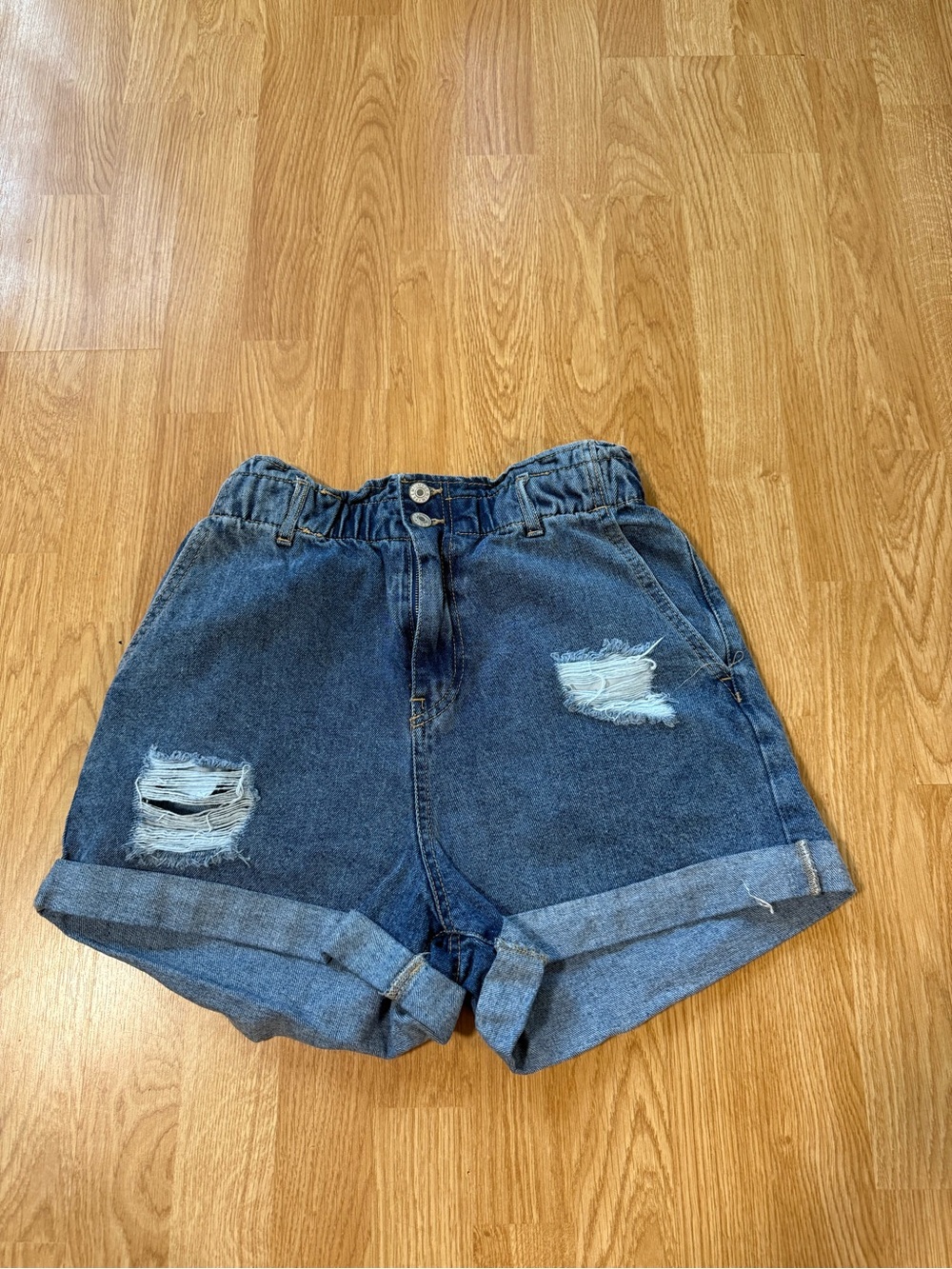 LOVE TREE DENIM High-Waisted Distressed Denim Shorts - Blue - Size L